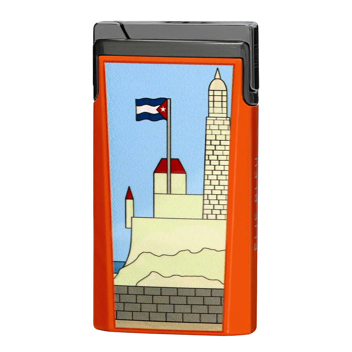 An orange and black rectangular lighter with a colorful illustration of a coastal castle and flag on the front, shown against a plain white background.