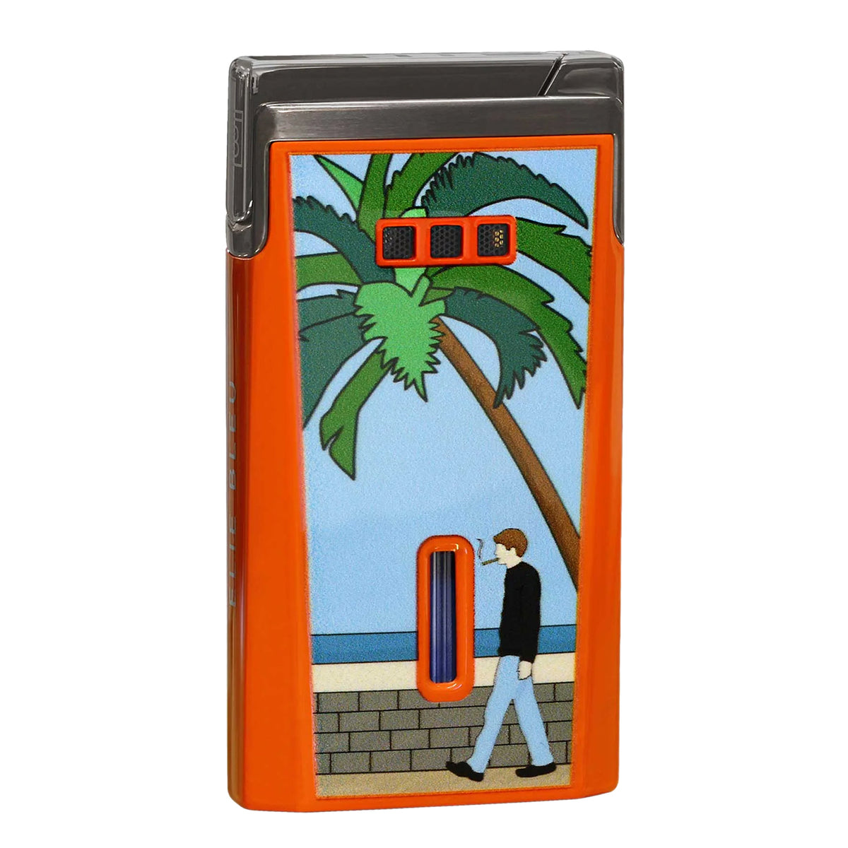 An orange rectangular lighter with a printed illustration of a beach scene featuring a palm tree, a walking figure, and a small red-orange lighter-shaped icon near the top.
