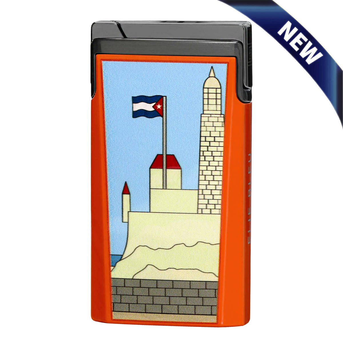 An orange rectangular lighter with a colorful illustration of a coastal castle and flag on the front, shown on a white background with a blue 'NEW' ribbon in the top-right corner.