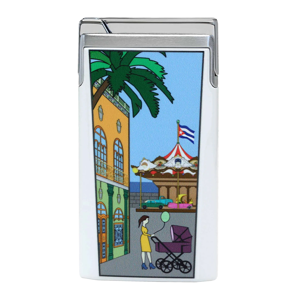 A white lighter with a colorful printed illustration on the front depicting a cuban street scene with a palm tree, yellow building, carousel, and a woman pushing a stroller.