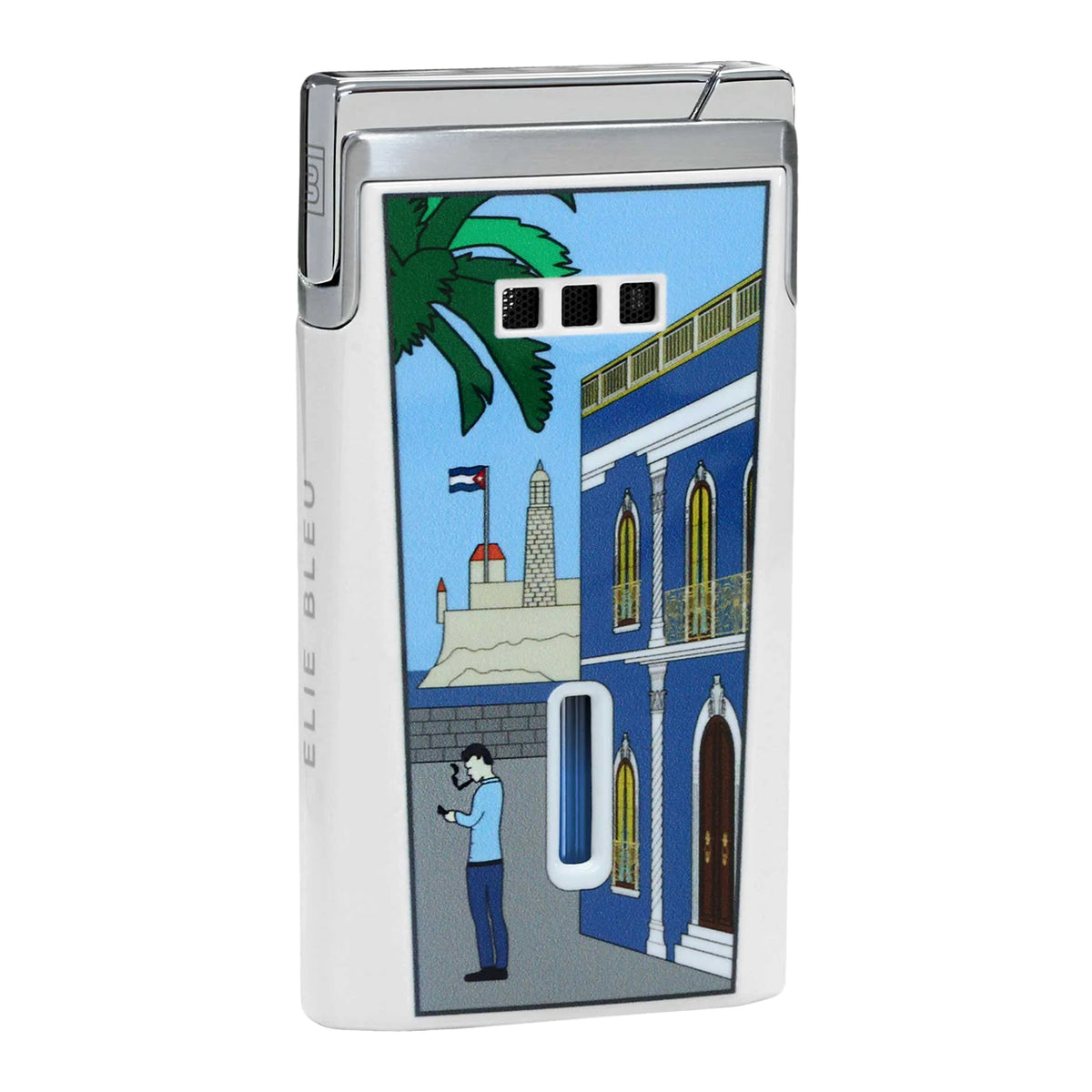 A white lighter with a colorful printed illustration on the front. The illustration depicts a blue building, a palm tree, a flag, a tower, and a person taking a photo.