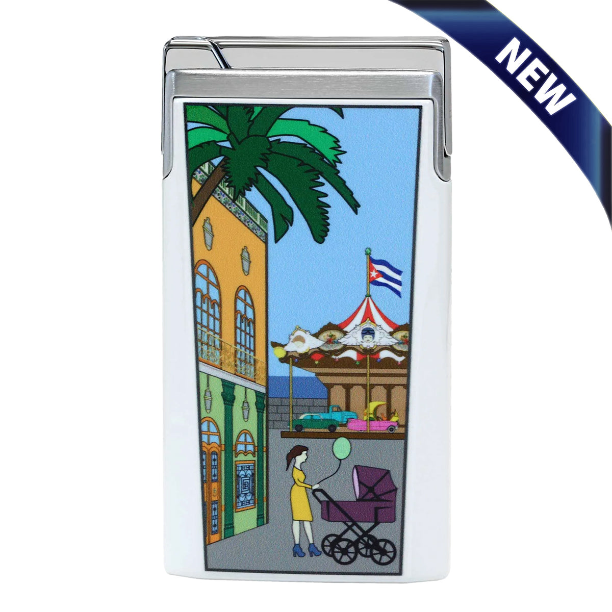 A white lighter with a colorful printed illustration on the front, showing a cuban street scene with a palm tree, yellow building, carousel, and a woman pushing a stroller. A blue 'NEW' ribbon graphic is in the top right corner.