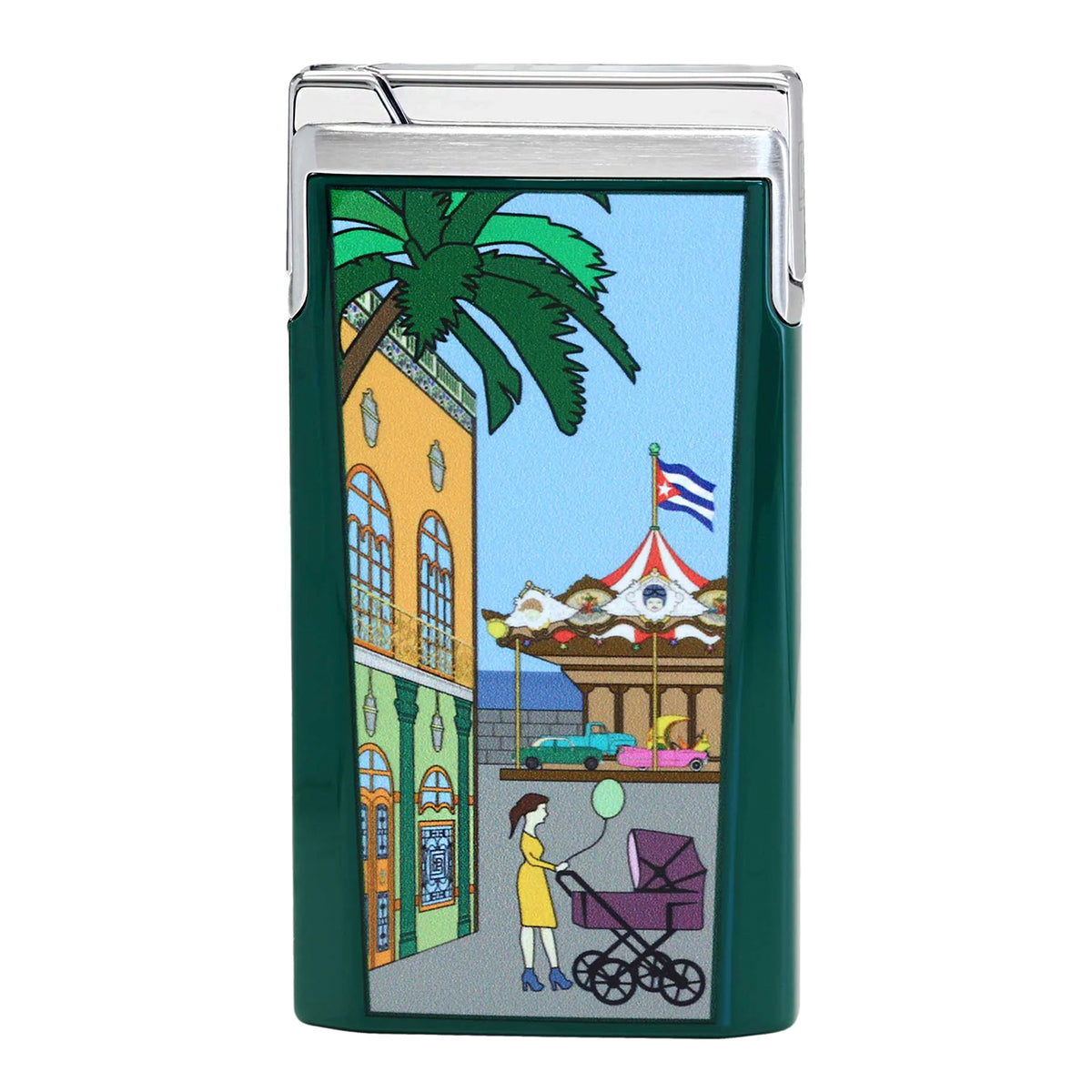 A dark green rectangular lighter with a silver metal top hinge, featuring a colorful printed illustration of a Cuban street scene with a palm tree, building, carousel, and a woman pushing a stroller.