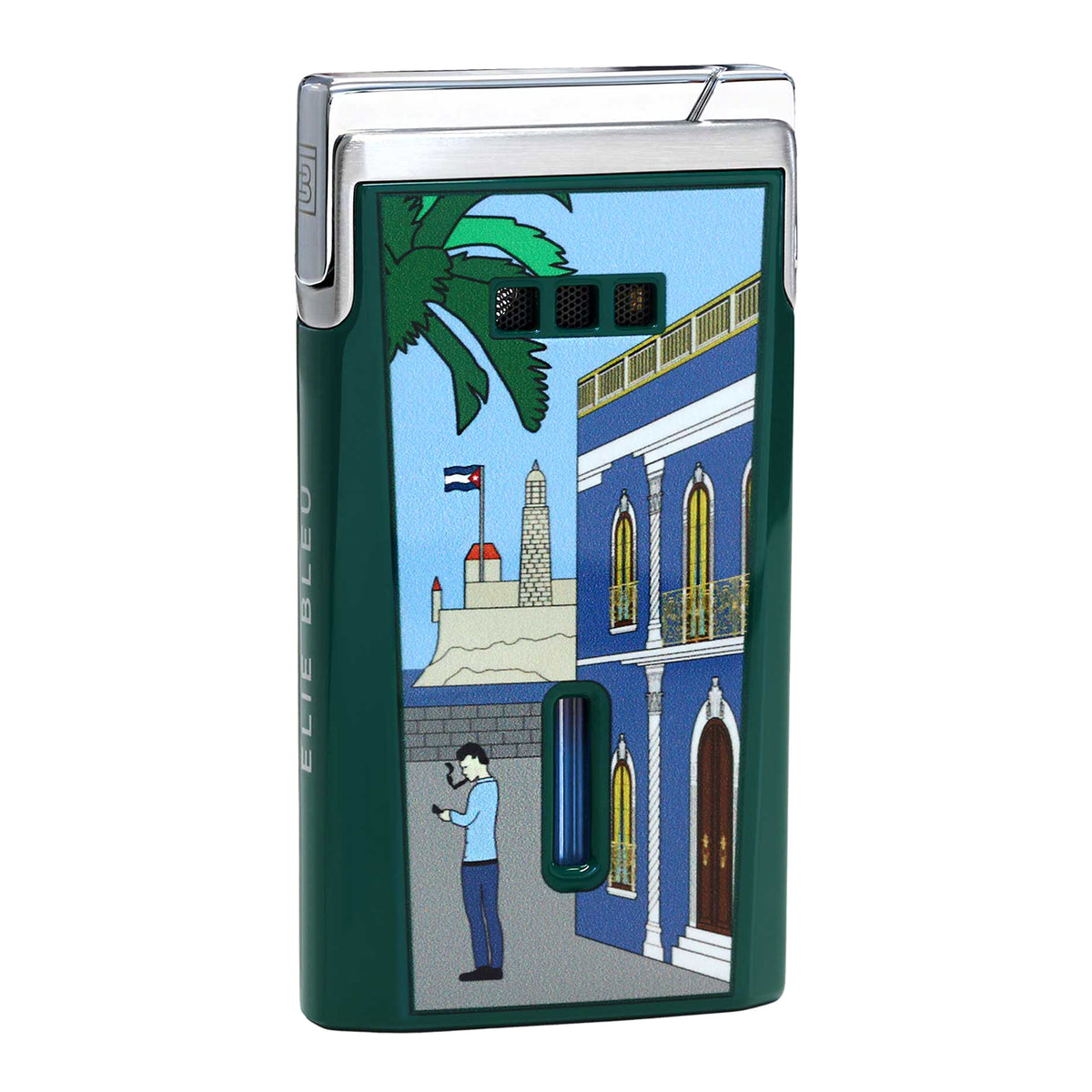 A dark green and silver electric lighter with a colorful illustration of a street scene featuring a blue building, palm tree, and a man smoking on a white background.