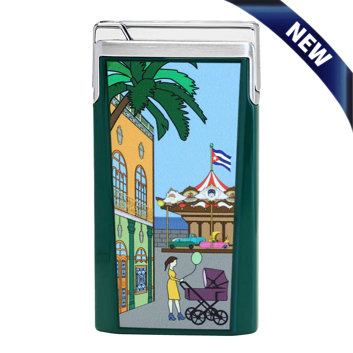 A dark green rectangular lighter with a silver metal top and a colorful printed illustration on the front showing a street scene with a palm tree, building, carousel, and a woman pushing a stroller. A blue diagonal 'NEW' banner appears in the top right corner.