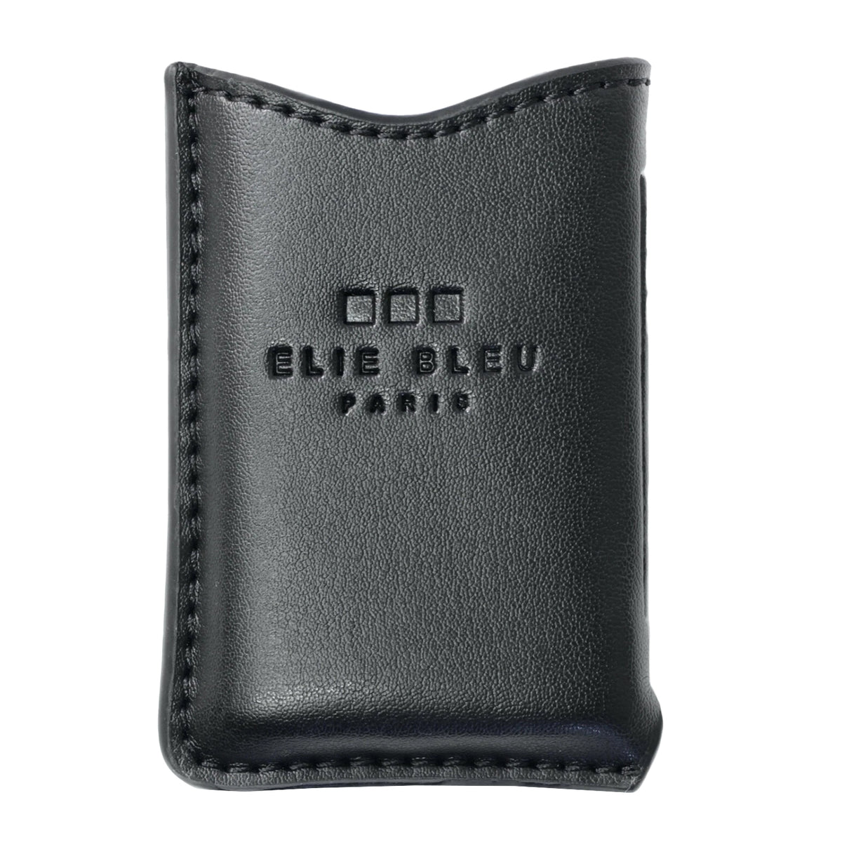 A black leather lighter case with visible stitching and an embossed logo reading 'ELIE BLEU PARIS' on a plain white background.