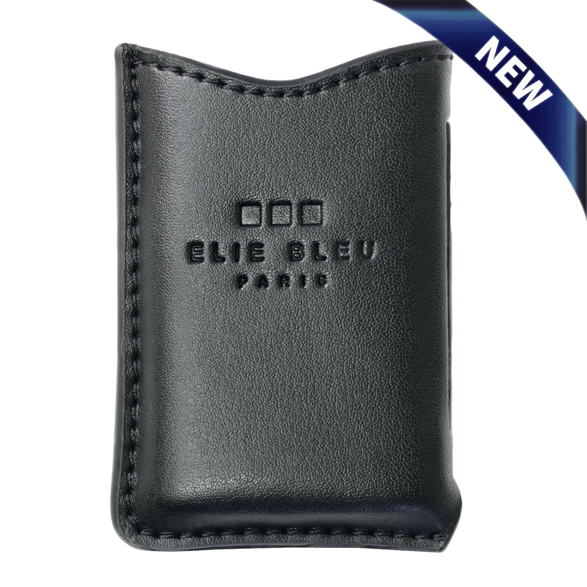 A black leather  lighter sleeve with visible stitching and an embossed logo reading 'ELIE BLEU PARIS'. A blue diagonal 'NEW' banner is in the top right corner on a white background.
