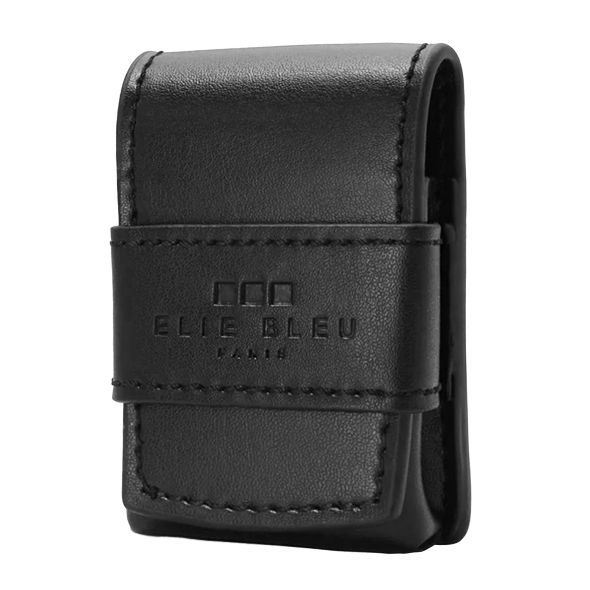 A black leather lighter case by Elie Bleu Paris, featuring a horizontal strap closure with debossed branding and precise stitching, shown on a plain white background.