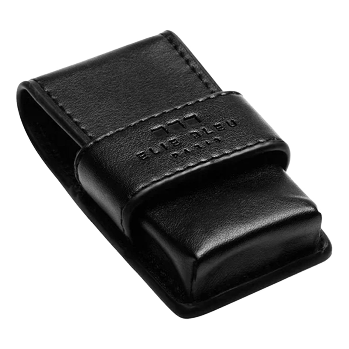 A black leather lighter case with a strap closure, featuring an embossed logo and the text 'ELBULEU PARIS' on a clean white background.