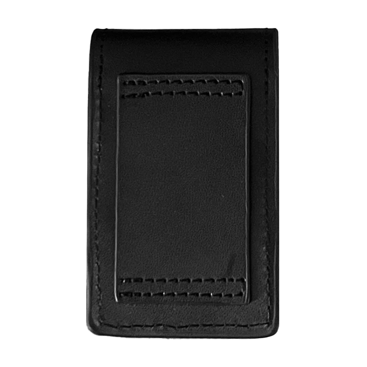 A black leather  lighter case with a central stitched rectangular pocket, shown against a plain white background.