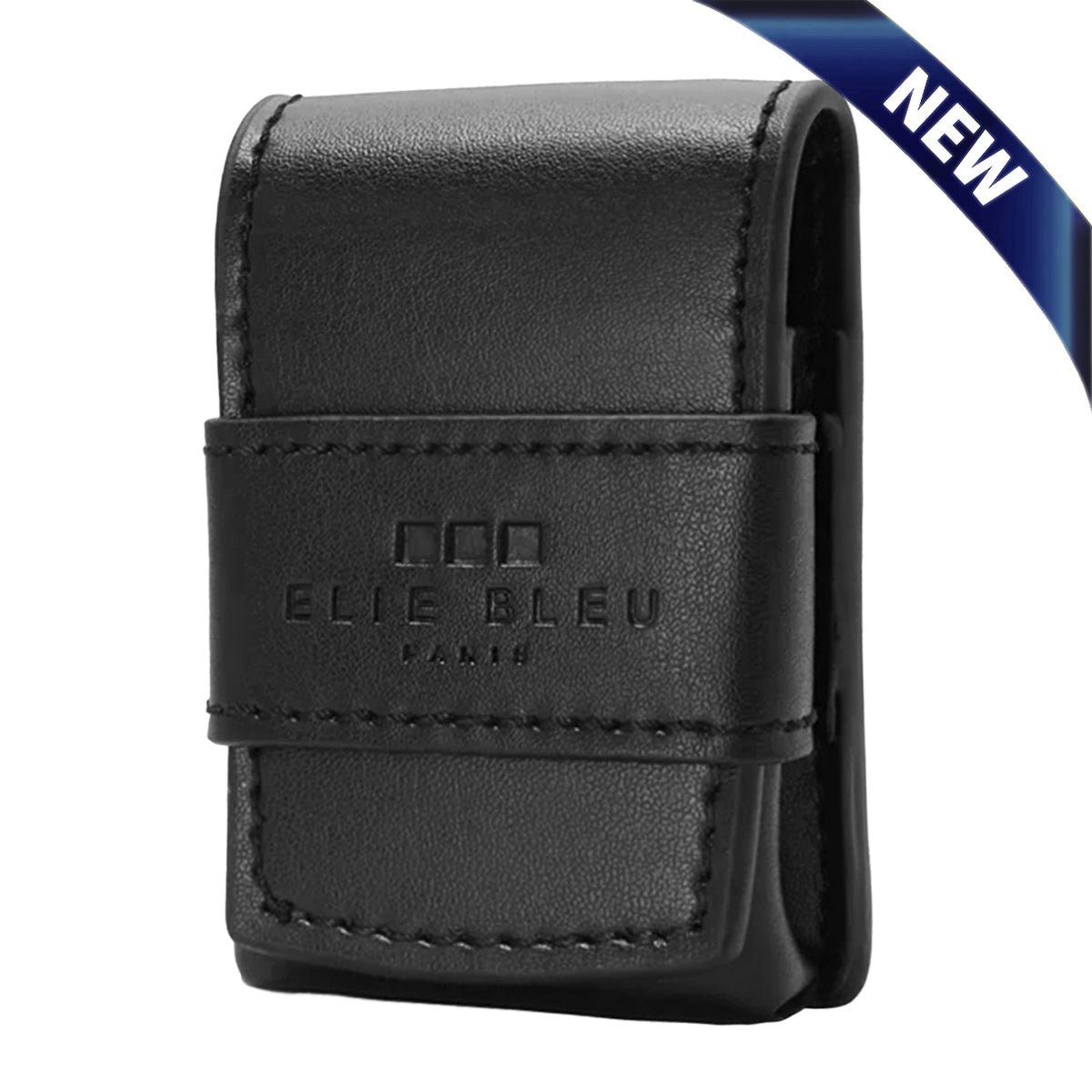 A black leather lighter case with a strap closure, featuring the embossed brand name 'ELIE BLEU PARIS' on the front. A blue diagonal 'NEW' banner is visible in the top right corner against a plain white background.