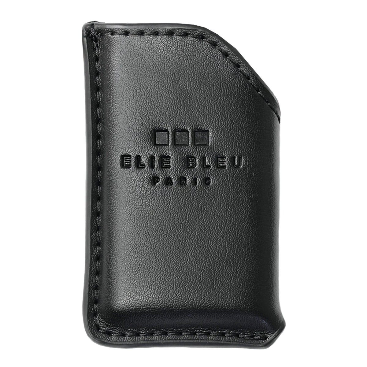 A black leather lighter case with visible stitching and an embossed logo reading 'ELIE BLEU PARIS' on a plain white background.