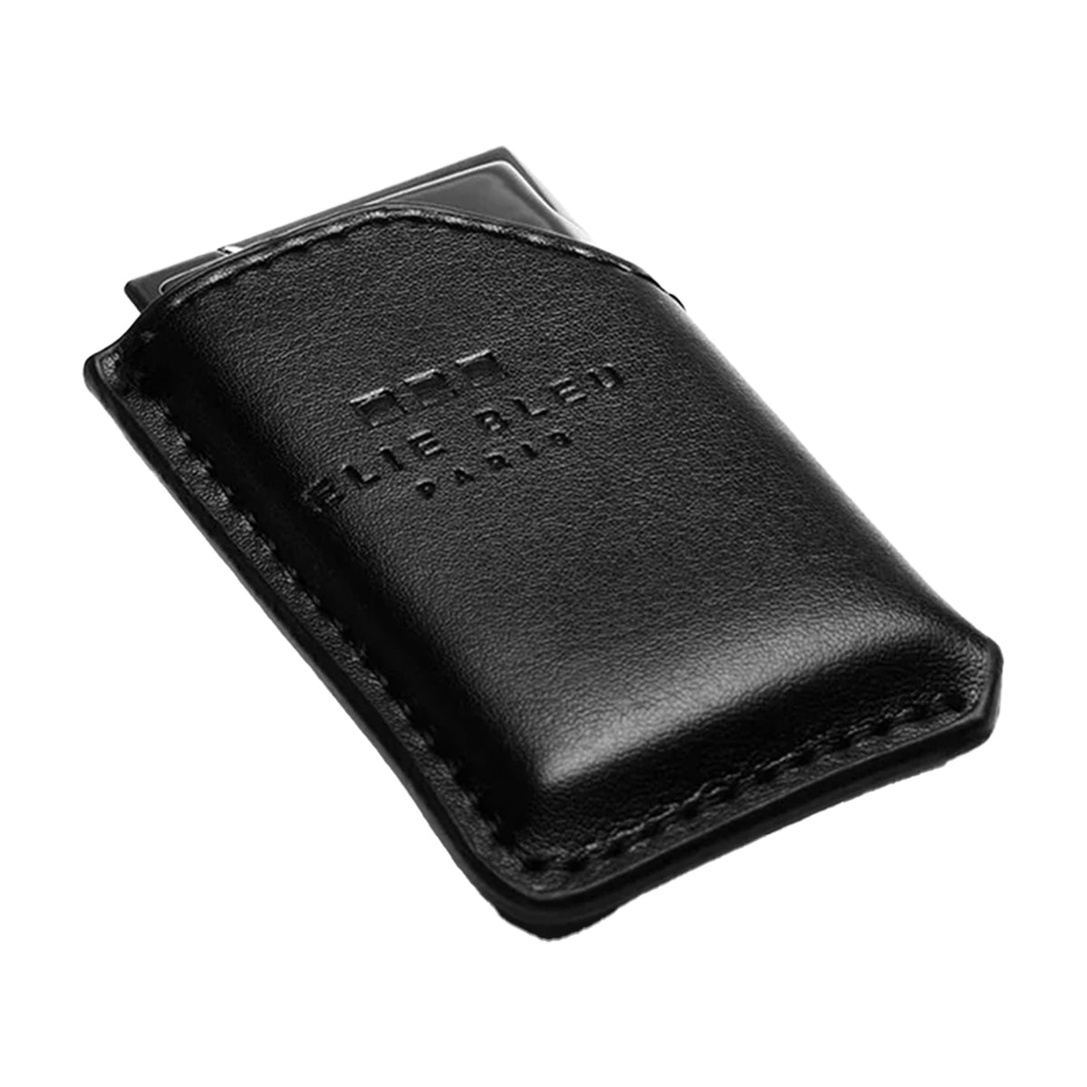 A black leather sleeve case with visible stitching and an embossed logo reading 'GUEBLE PARIS' on a plain white background.