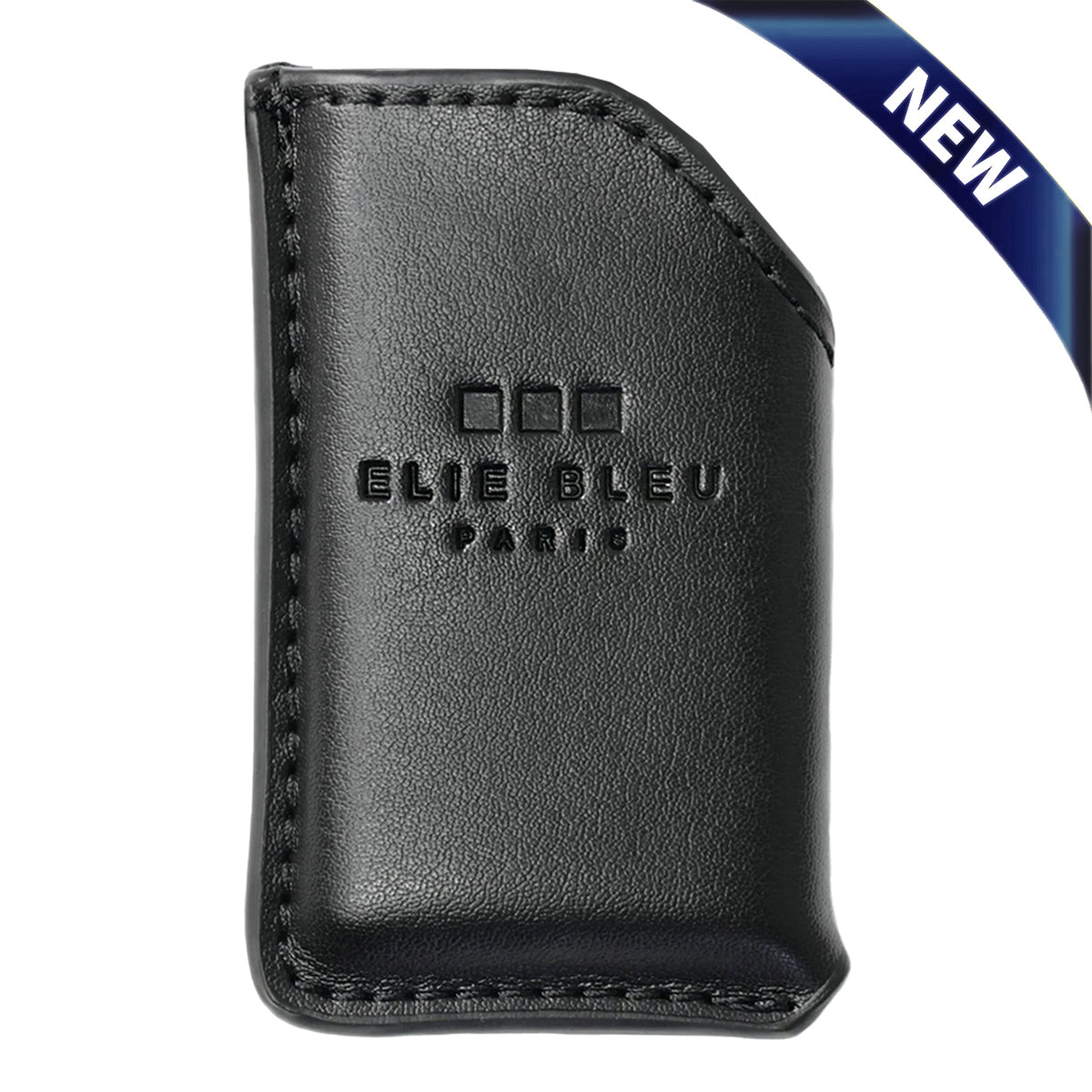 A black leather lighter case with 'ELIE BLEU PARIS' embossed on the front, shown on a white background with a blue 'NEW' banner in the top right corner.