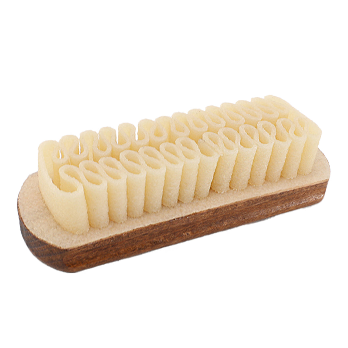 Crepe brush with cream-colored bristles arranged in wavy rows on a wooden base with brown handle.