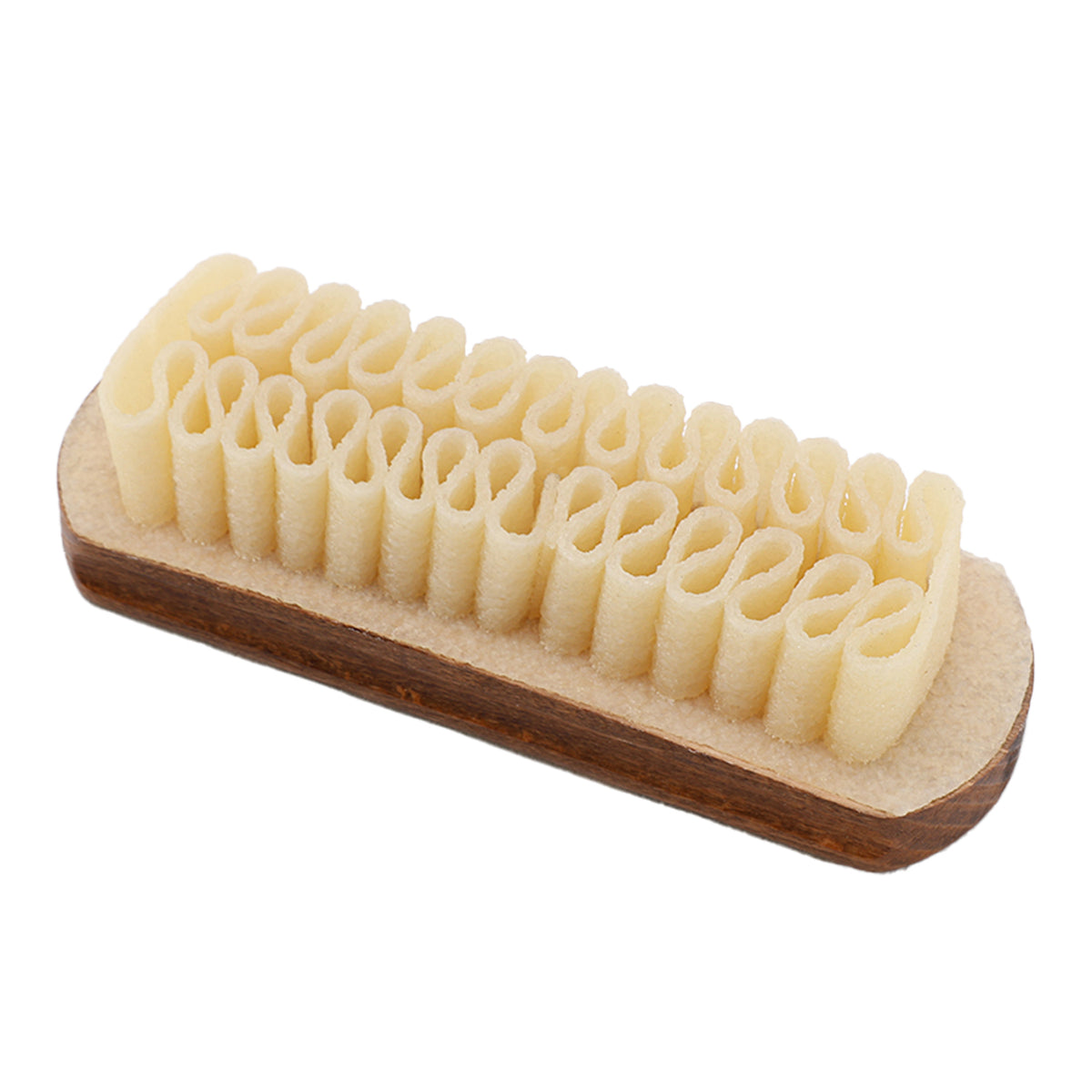 Crepe brush with cream-colored bristles and wooden handle for cleaning suede and nubuck surfaces.