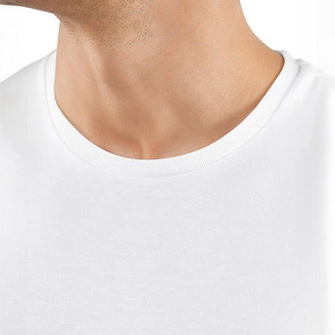 A close up neckline picture of a man wearing a Falke Men's Crew Neck T-Shirt 2-Pack from KirbyAllison.com, crafted from luxurious Egyptian cotton in a classic white color.