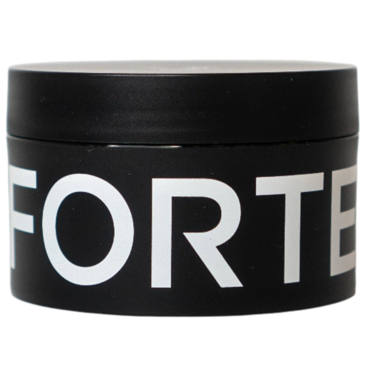 A nourished and healthy black tin with the word Forte Series Pomade by KirbyAllison.com on it, perfect for high volume hairstyles.