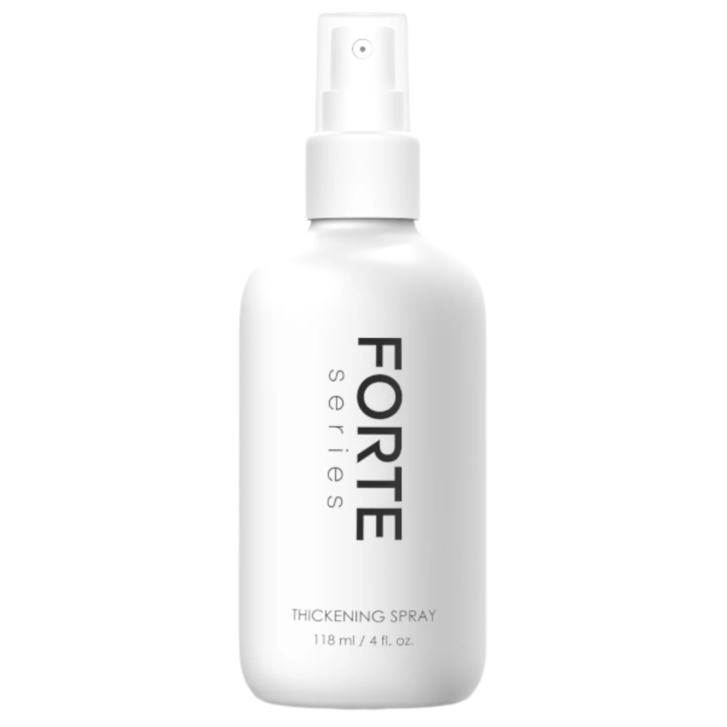 A bottle of Forte Series Hair Thickening Spray on a white background, promoting denser-looking head of hair, by KirbyAllison.com.