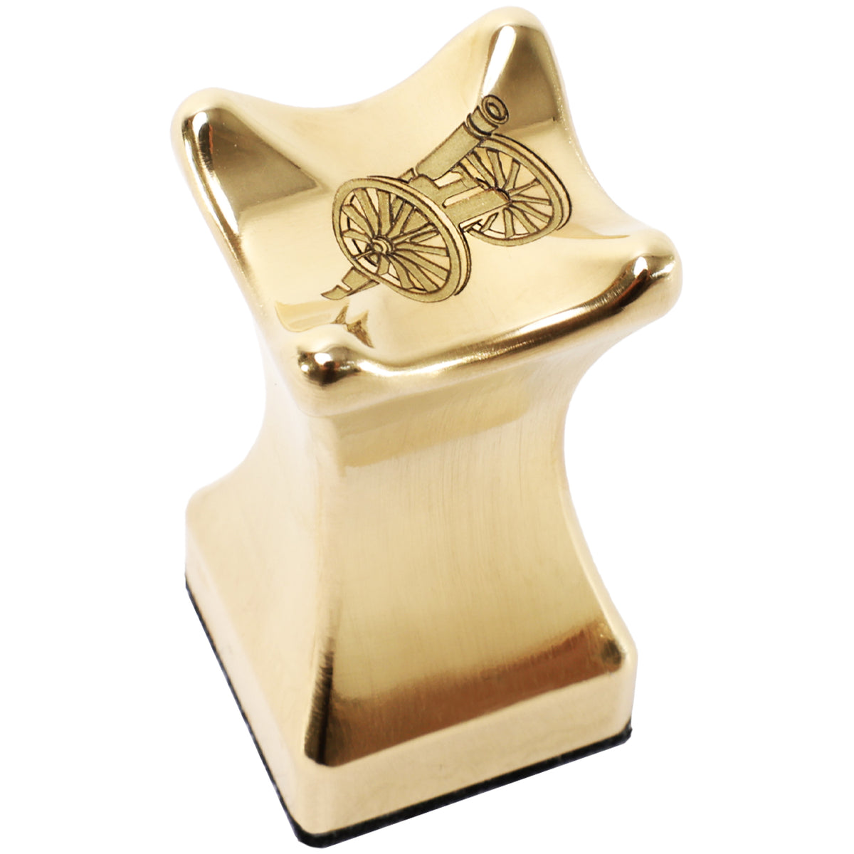 Brass cigar stand with curved top and engraved bicycle design on bowl surface.
