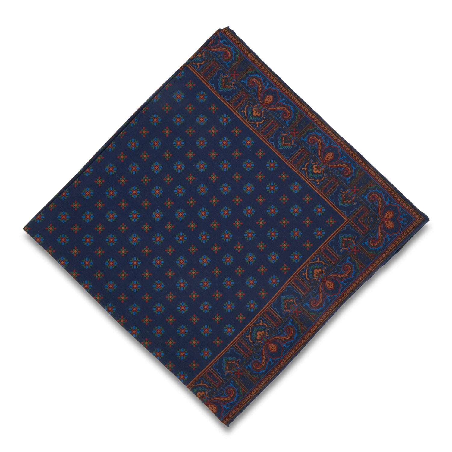 Sovereign Grade Ancient Madder Blue & Orange Mixed Floret Pocket Square