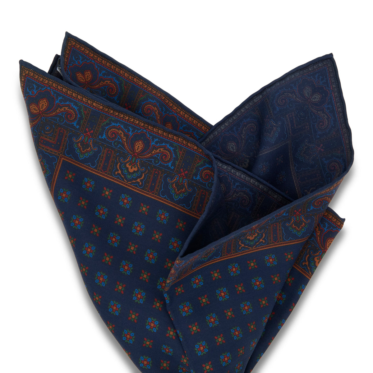 Sovereign Grade Ancient Madder Blue & Orange Mixed Floret Pocket Square