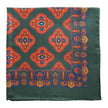Green silk pocket square with red and gold medallion pattern and ornate border in blue and orange.