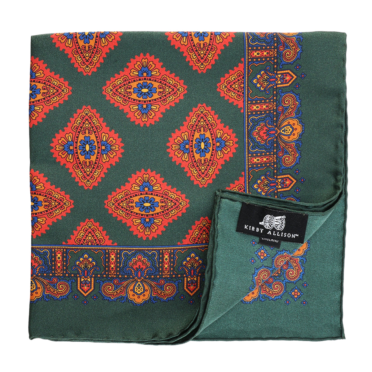 Green silk pocket square with red and orange diamond medallions, blue centers, and ornate border pattern.