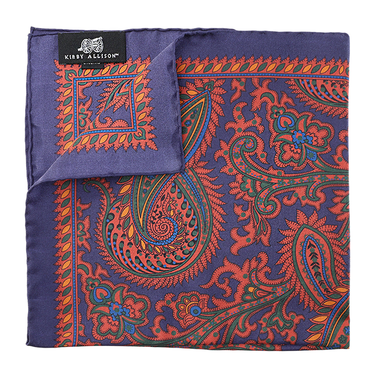 Navy silk pocket square with orange and blue paisley pattern and decorative border.