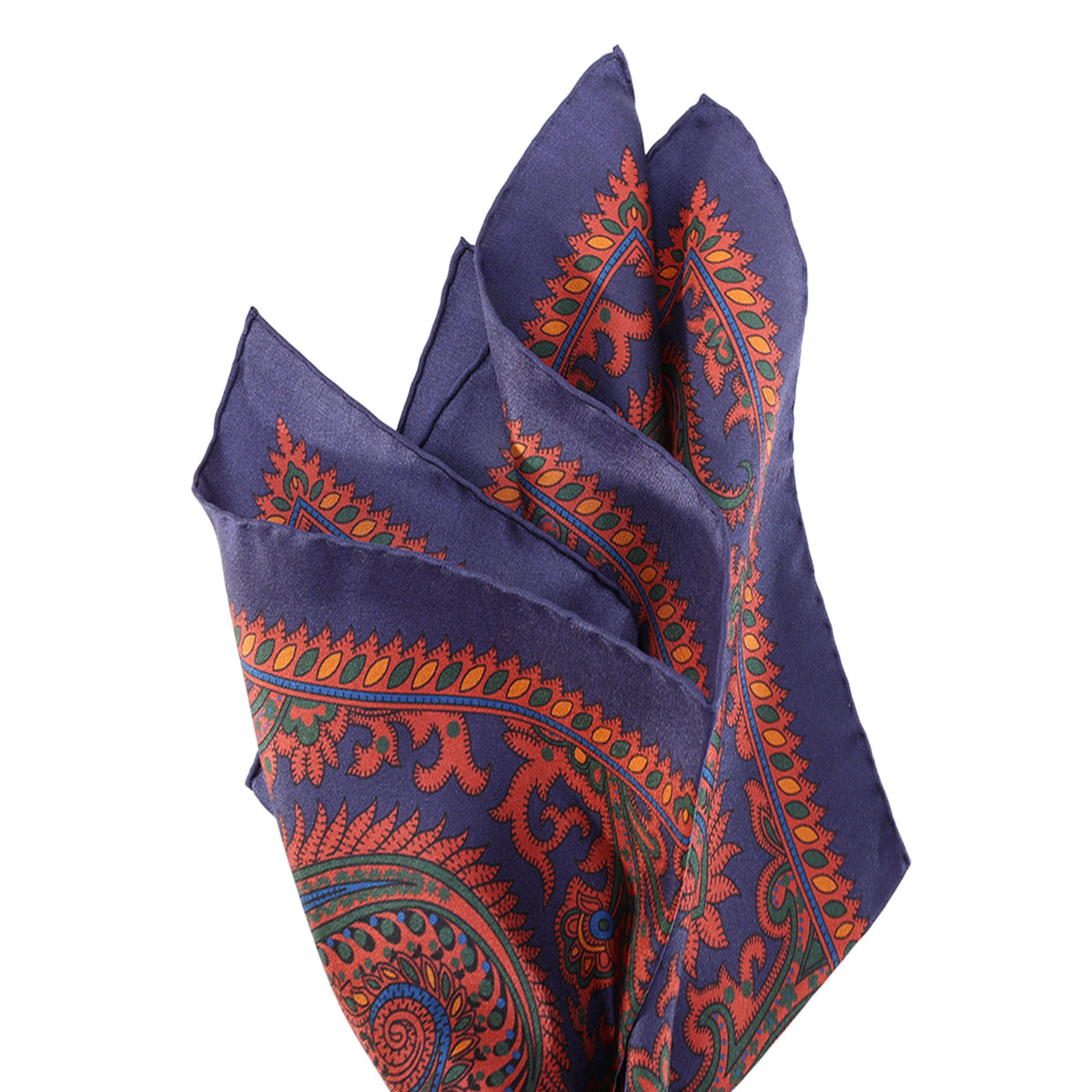 Navy silk pocket square with large red and gold paisley pattern throughout.