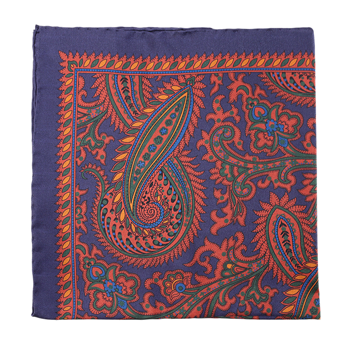 Navy silk pocket square with large paisley pattern in red, orange, blue, and green with decorative border.
