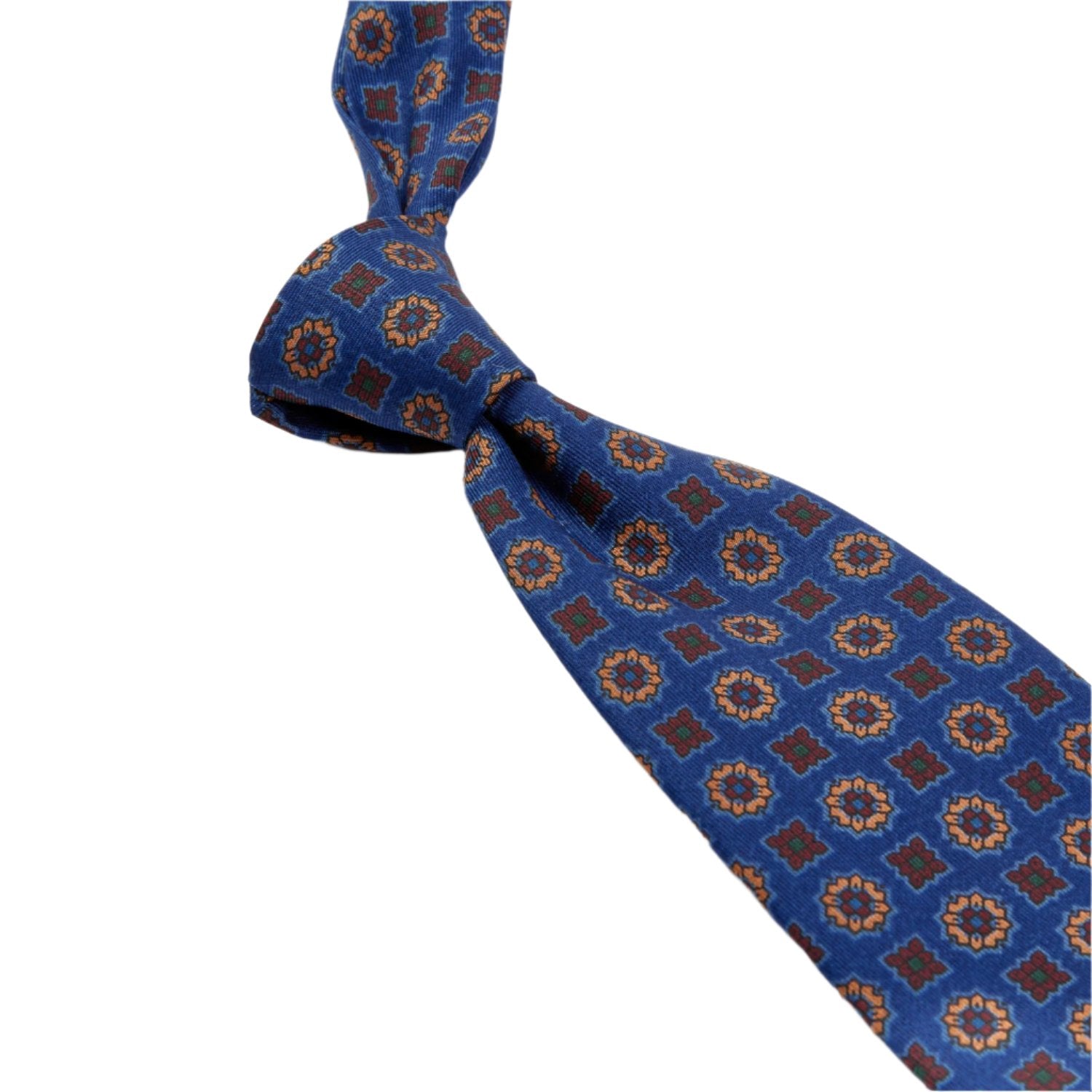 A high-quality Sovereign Grade Blue Floral Diamond Ancient Madder Tie with handmade brown and gold designs from KirbyAllison.com.