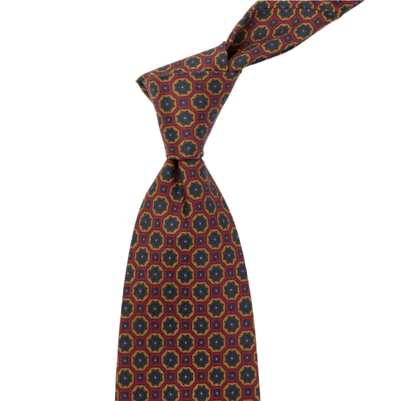 A KirbyAllison.com Sovereign Grade Crimson/Green Floral Medallion Ancient Madder Tie from the United Kingdom with a circular pattern.