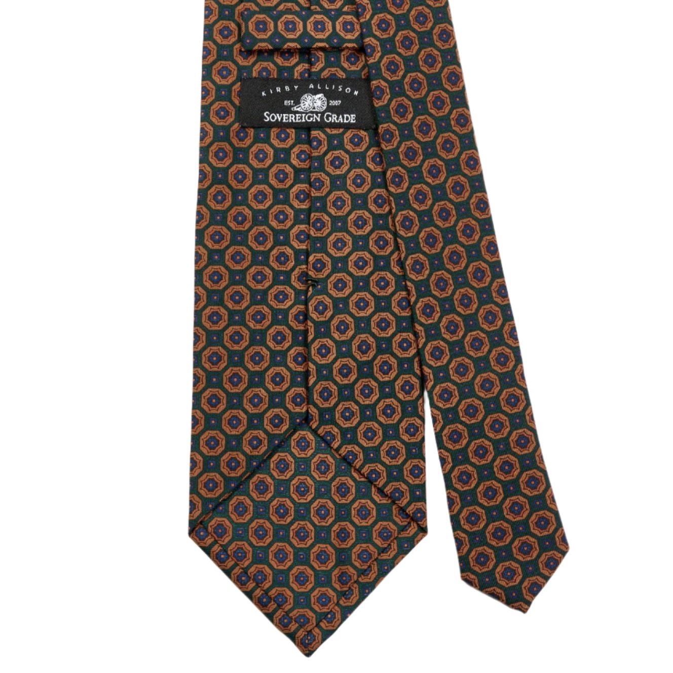 Sovereign Grade Green/Tan Floral Medallion Ancient Madder Ties with circles on a brown and orange design are available at KirbyAllison.com.