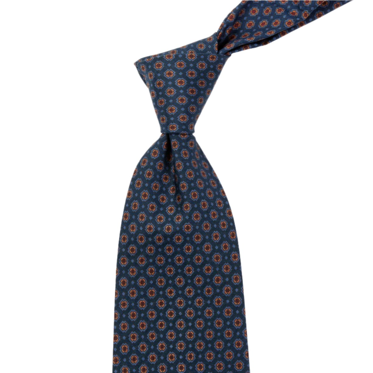 A Sovereign Grade Blue Small Floral Ancient Madder Tie from KirbyAllison.com, with a blue and orange pattern of the highest quality.