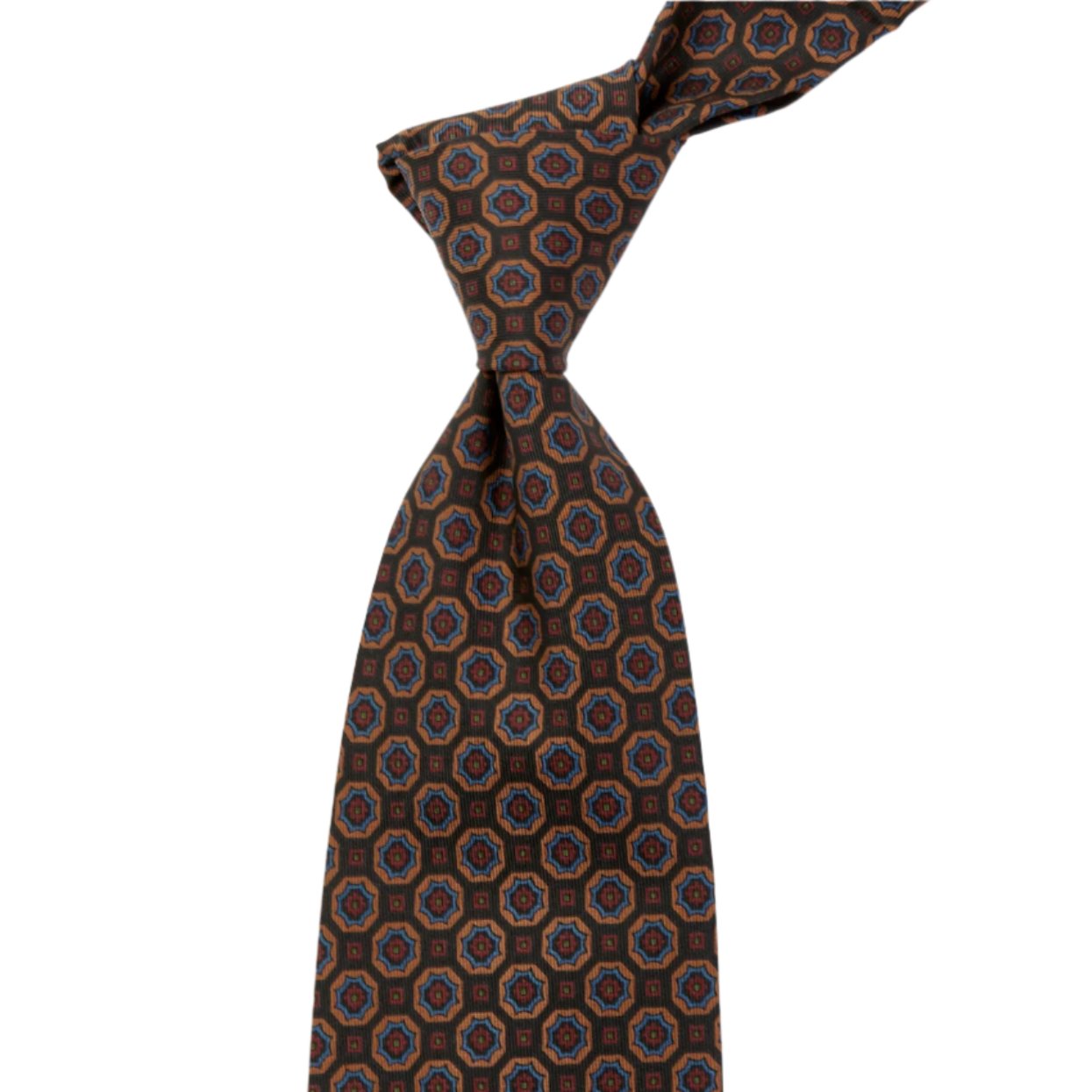 A Sovereign Grade Brown/Tan Floral Medallion Ancient Madder Tie from KirbyAllison.com, handmade with circles on it of highest quality.