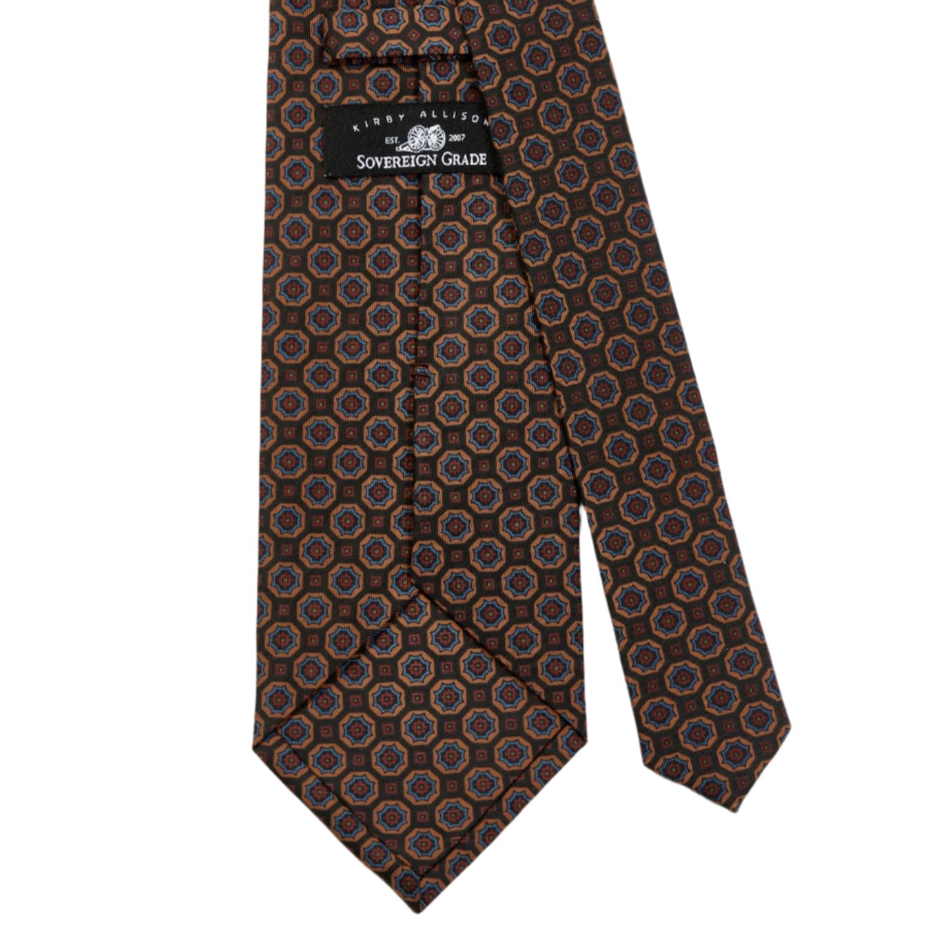 A KirbyAllison.com Sovereign Grade Brown/Tan Floral Medallion Ancient Madder Tie with circles on it.