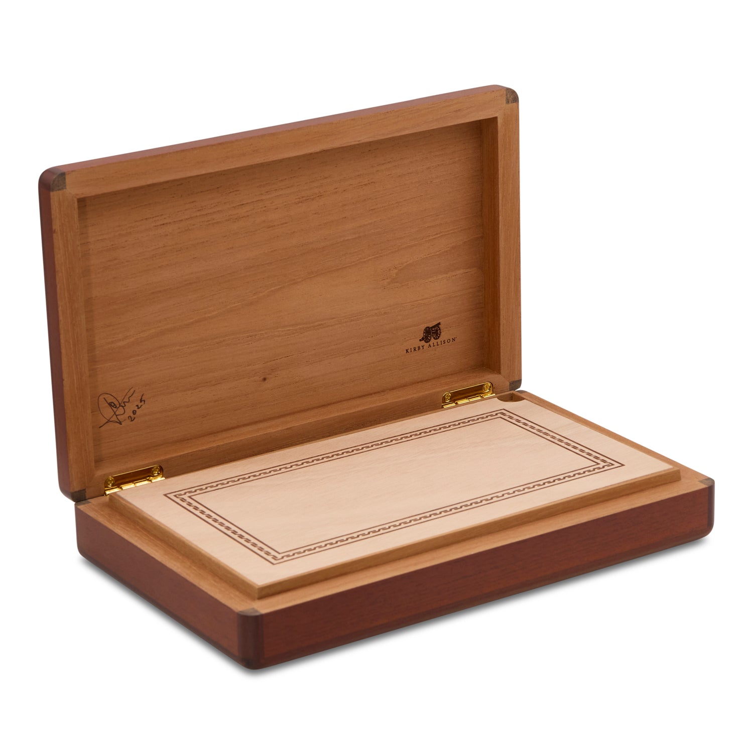 Wooden humidor with a visible brand logo on a white background
