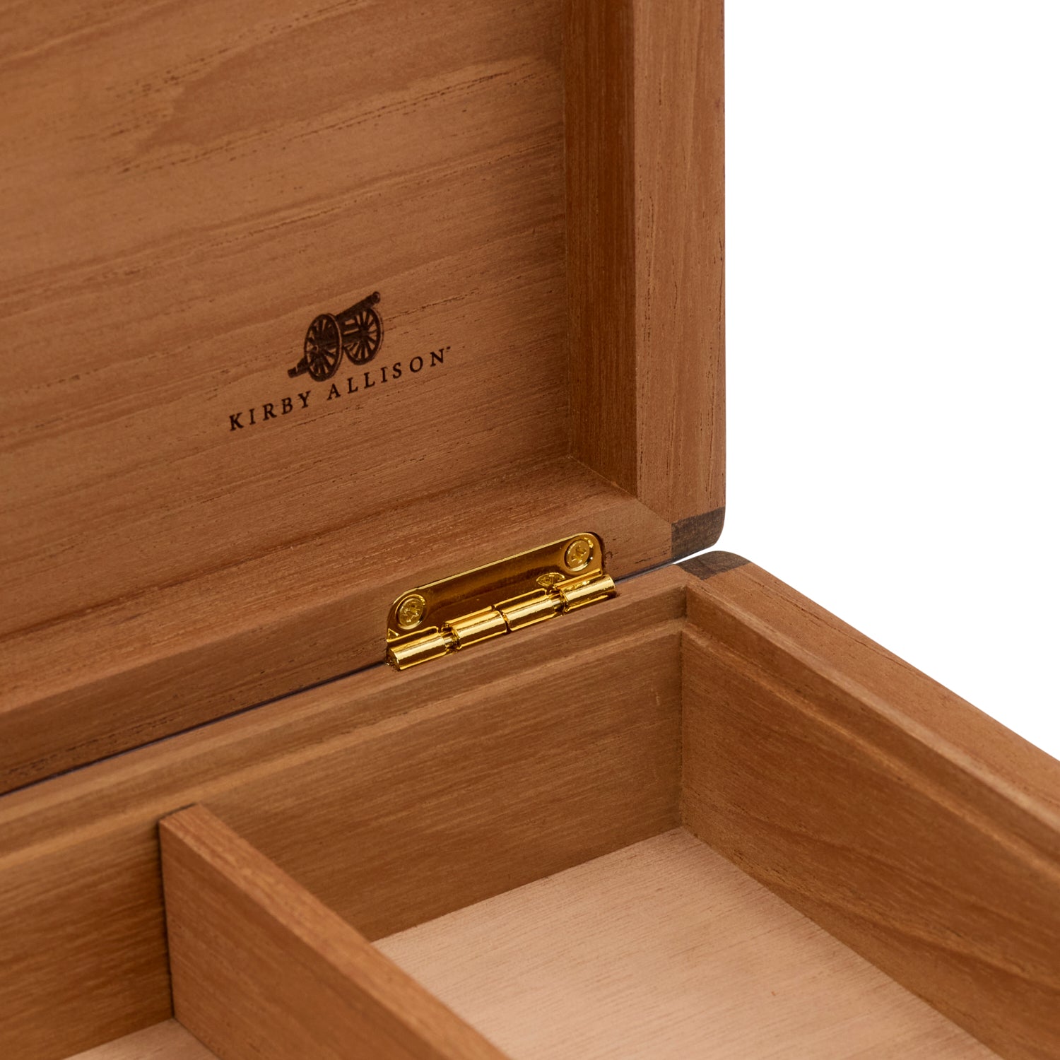 Wooden box with Kirby Allison logo and gold hinge on a white background