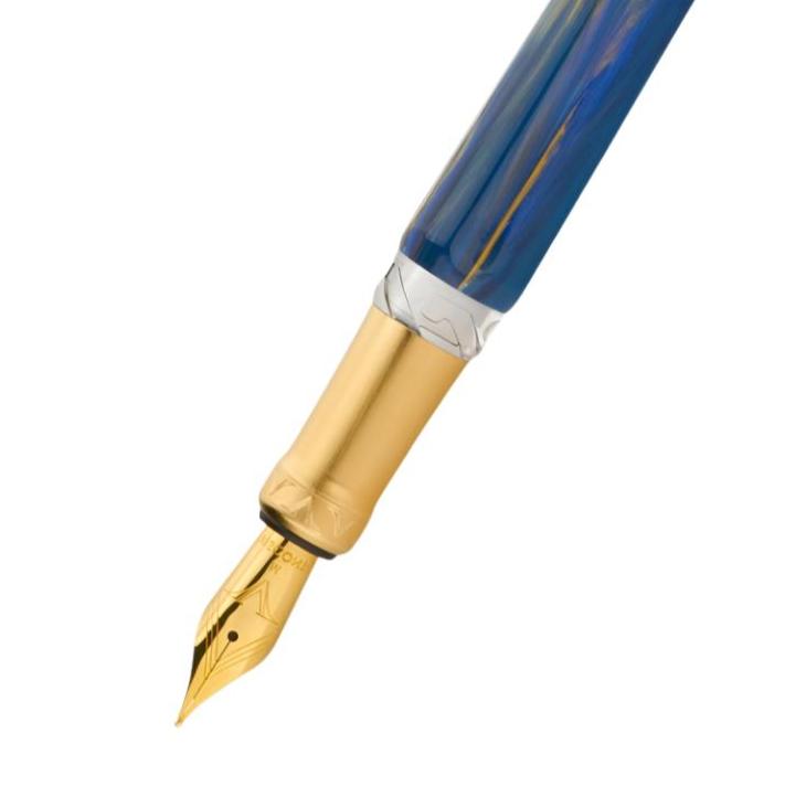 A Coles of London Visconti Opera Gold Blue Fountain Pen on a white background.