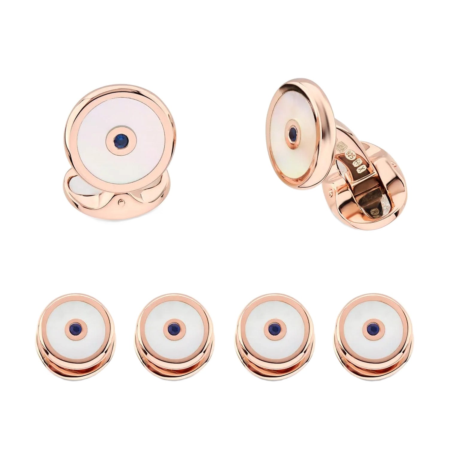 Sterling Silver Mother-Of-Pearl And Sapphire Dress Set In Rose Gold