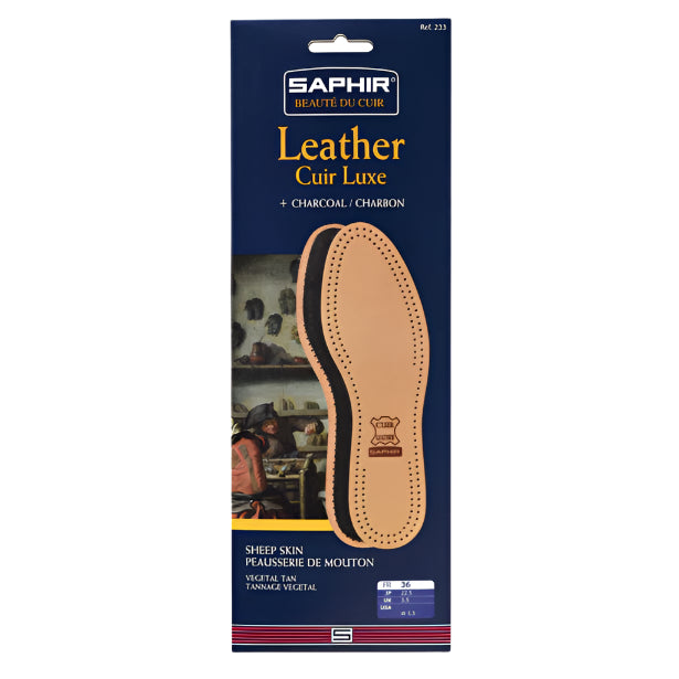 Saphir Leather Cuir Luxe packaging with a leather insole on a white background