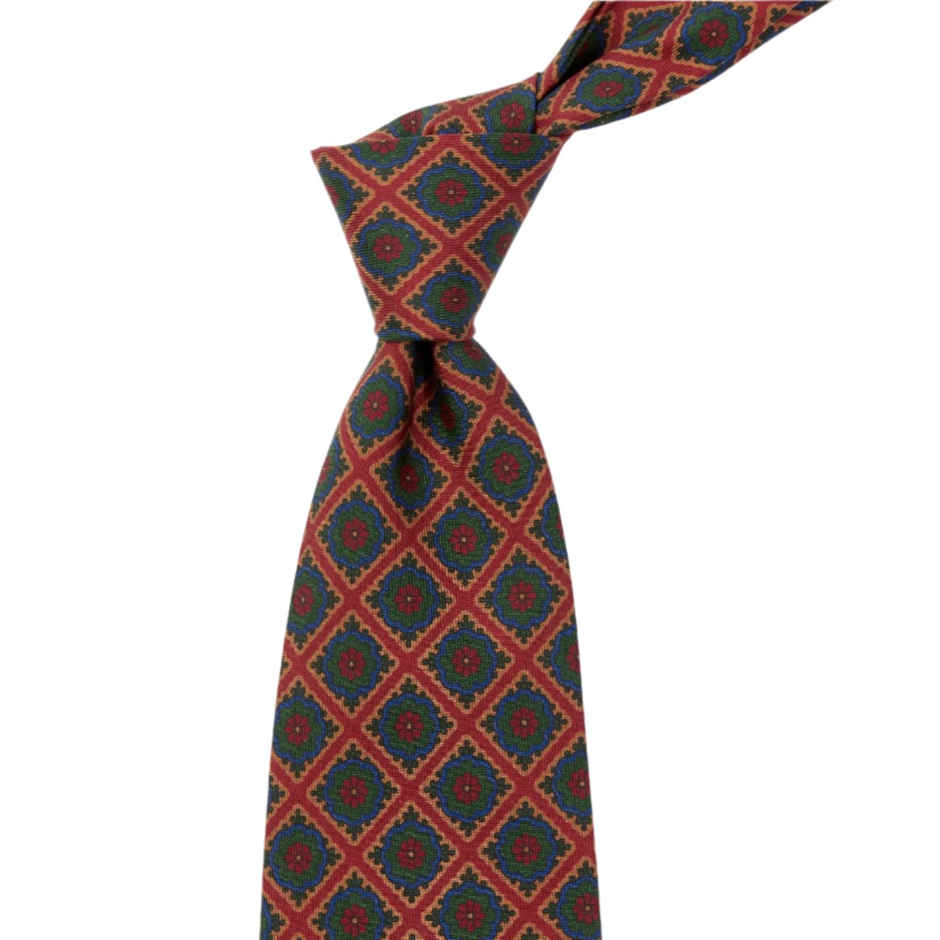 A handcrafted KirbyAllison.com Sovereign Grade Rust/Green Oversized Medallion Ancient Madder tie with a red and green pattern.