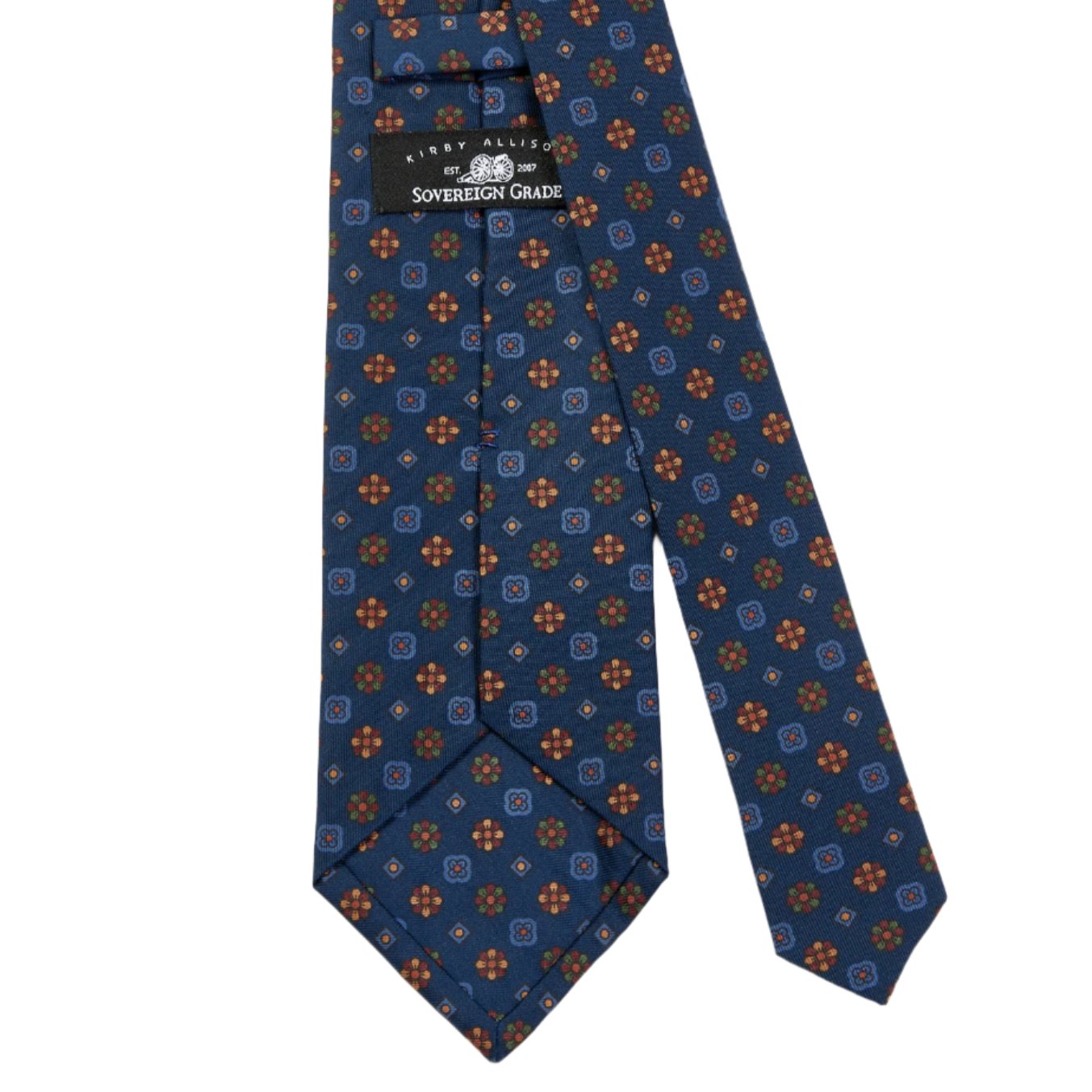 A Sovereign Grade Blue Mixed Floret Ancient Madder Tie from KirbyAllison.com with quality orange and blue flowers on it.