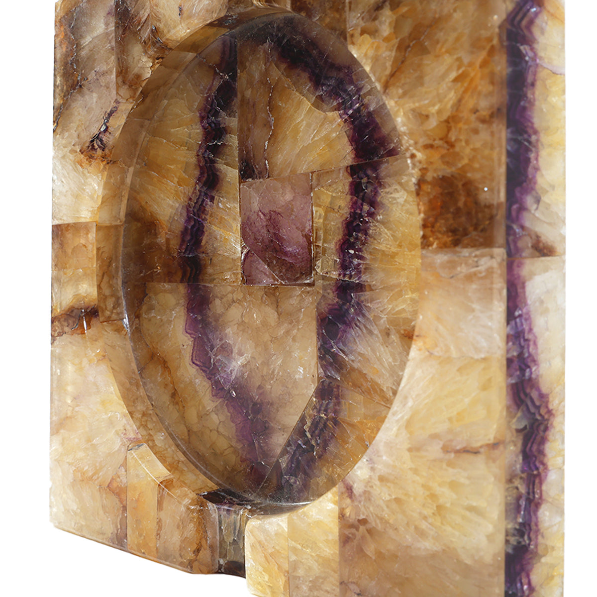 SQUARE ASHTRAY WITH FUSED GEMSTON STONE IN YELLOW AND PURPLE TONES. WITH CIRCLE INDENTATION AND TWO INDENTS FOR CIGARS. AT AN ANGLE