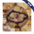 SQUARE ASHTRAY WITH FUSED GEMSTON STONE IN YELLOW AND PURPLE TONES. WITH CIRCLE INDENTATION AND TWO INDENTS FOR CIGARS