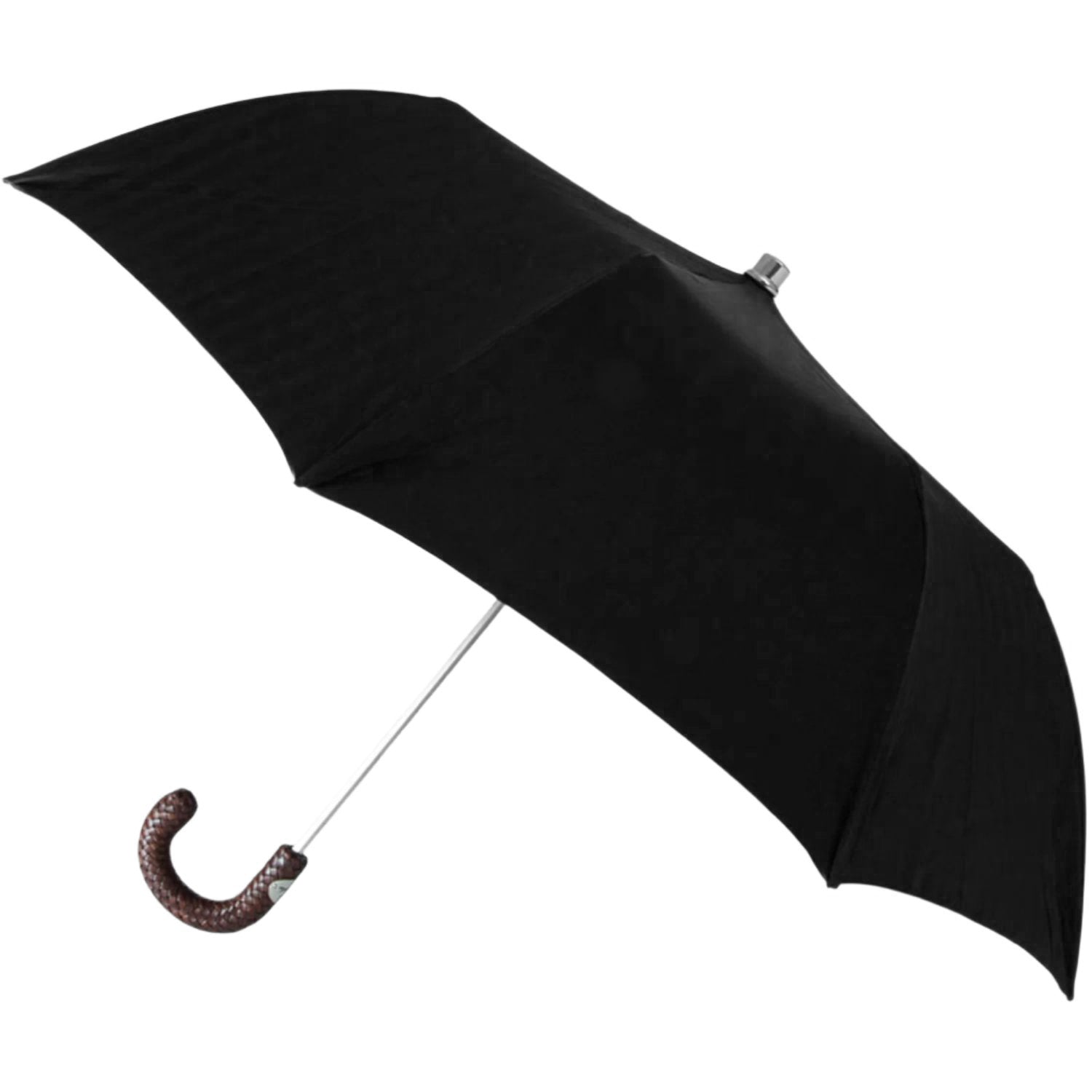 Black Herringbone Canopy Travel Umbrella Woven Leather Handle