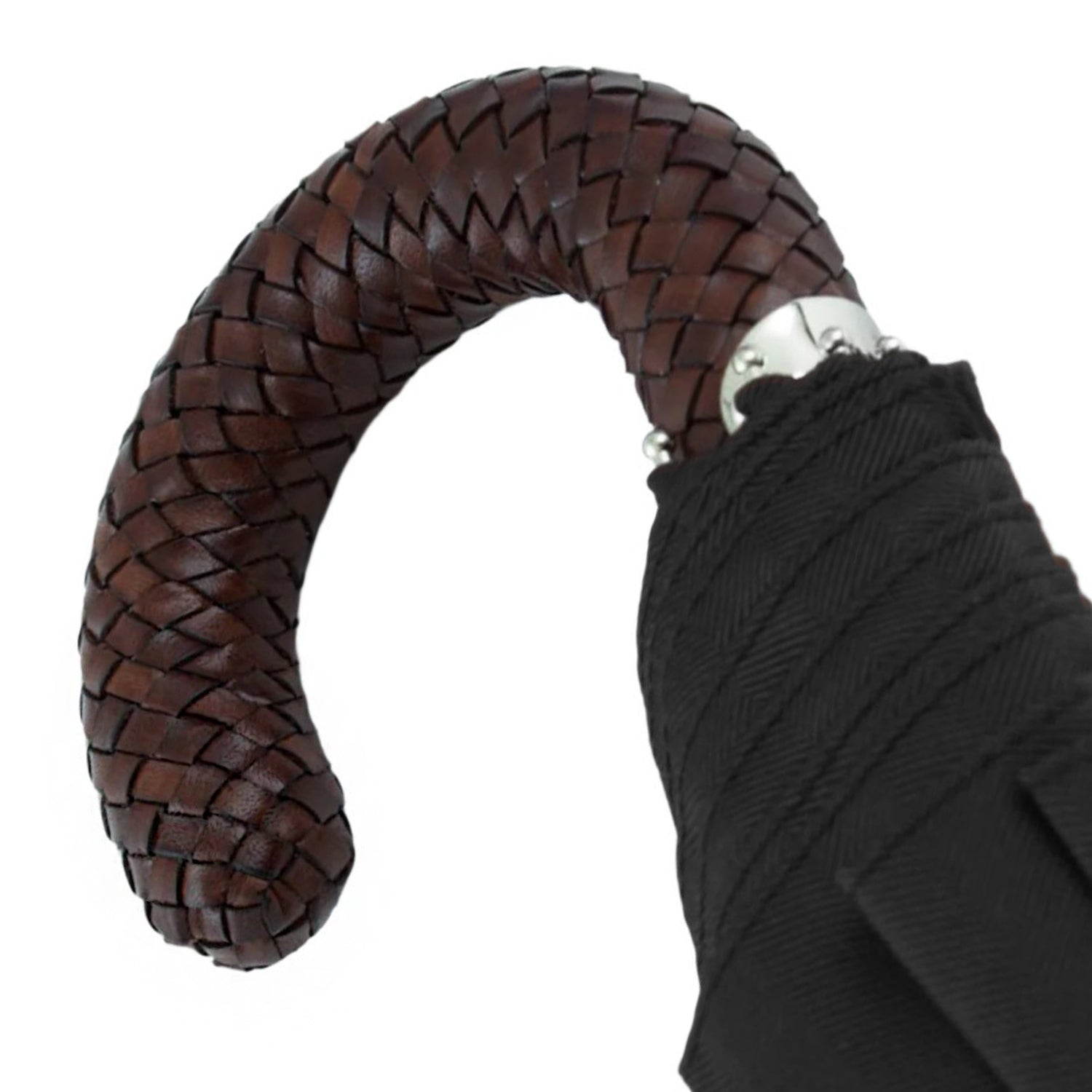 Black Herringbone Canopy Travel Umbrella Woven Leather Handle