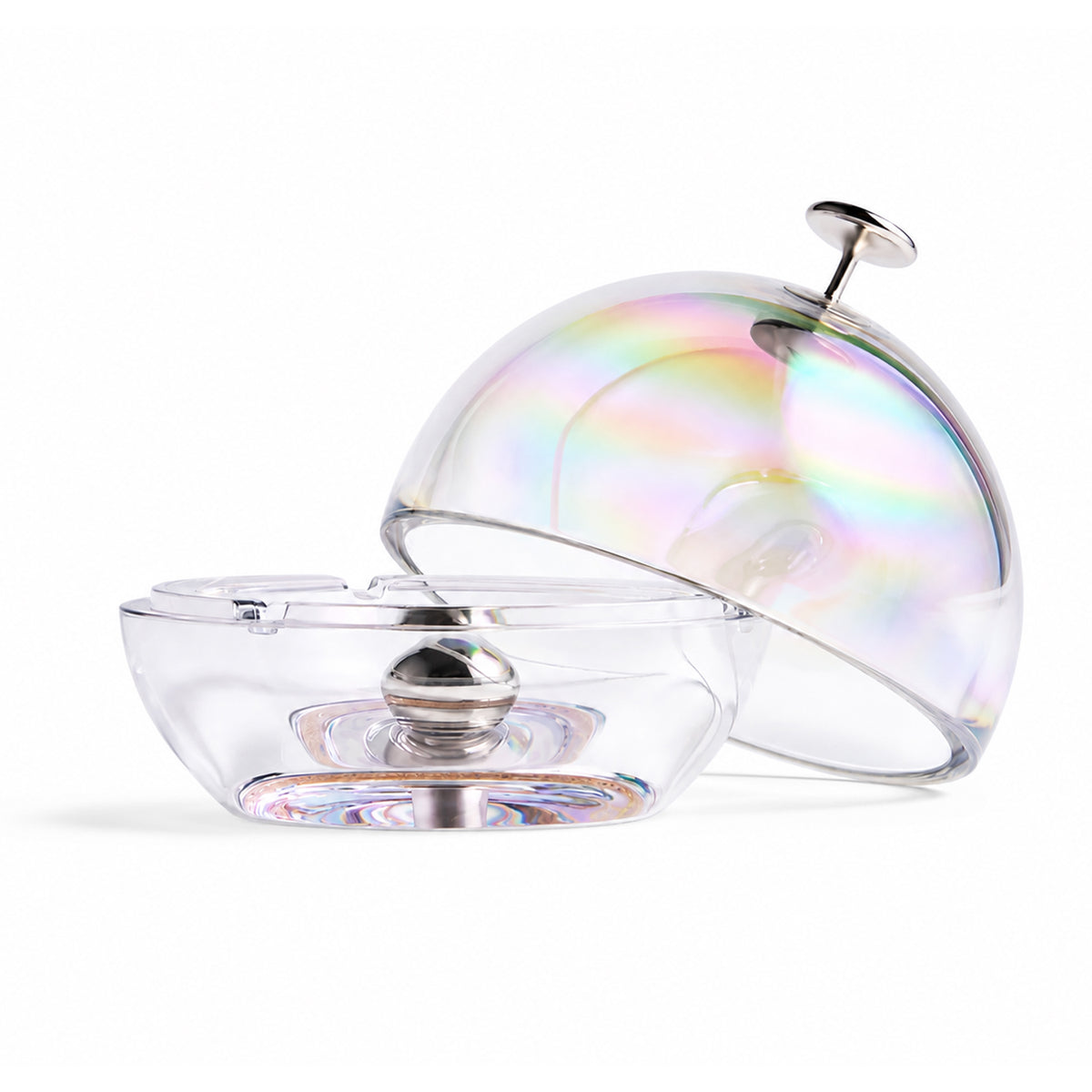 Clear crystal dome ashtray with iridescent dichroic coating and removable lid with knob finial.