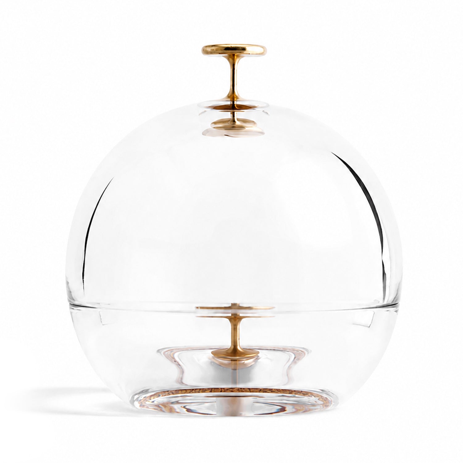 A clear glass dome-shaped container with a gold-finished top knob and central handle, shown on a clean white background.